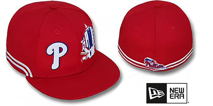 Phillies 'TWO-BIT' Red-White Fitted Hat by New Era : pictured without stickers that these products are shipped with