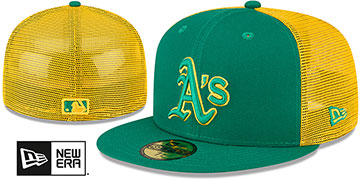 Athletics 2023 2T BATTING PRACTICE TRUCKER Green-Gold Fitted Hat by New Era