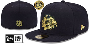 Blackhawks GOLD-METALLIC Black Fitted Hat by New Era