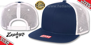 Blank OVER-SIZED MESH-BACK SNAPBACK Navy-White Hat by Zephyr