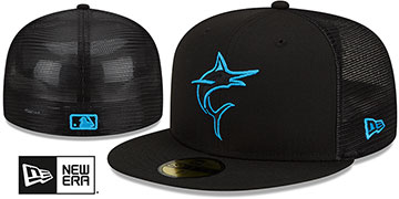 Marlins 2022-23 BATTING PRACTICE TRUCKER Black-Blue Fitted Hat by New Era