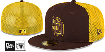 Padres 2023 2T BATTING PRACTICE TRUCKER Brown-Gold Fitted Hat by New Era