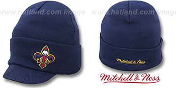 Pelicans CUFFED-VISOR KNIT BEANIE Navy Hat by Mitchell and Ness
