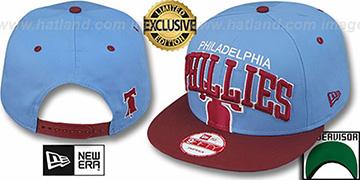 Phillies COOP SUPER-LOGO ARCH SNAPBACK Sky-Burgundy Hat by New Era