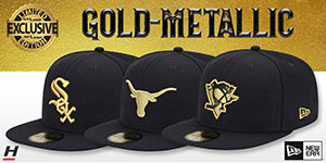 Exclusive Gold-Metallic Hats: Make a bold statement with this Hatland.com exclusive - a premium 59FIFTY Fitted Hat by New Era