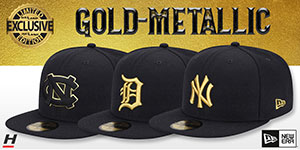 Exclusive Gold-Metallic Hats: Make a bold statement with this Hatland.com exclusive - a premium 59FIFTY Fitted Hat by New Era