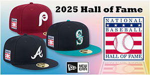 Baseball Hall of Fame Hats: Celebrate the Best of baseball in the on-field hat by New Era with the Front Team Logo and HALL OF FAME logo embroidered on the side worn by all MLB teams during the Hall of Fame weekend.