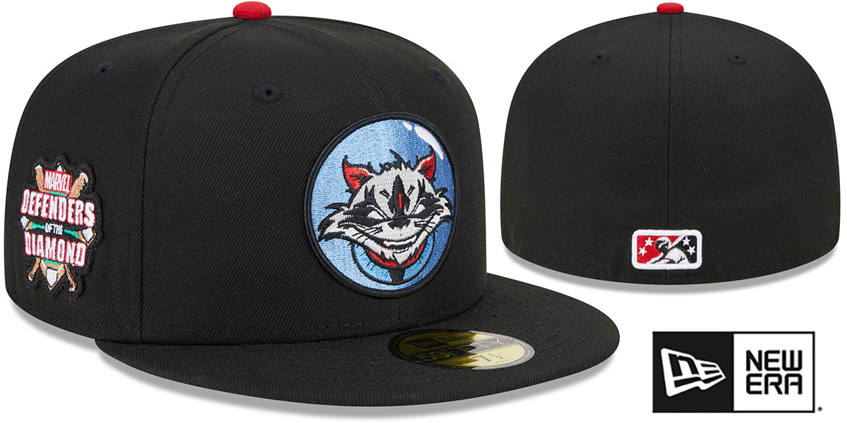 Rocket City Trash Pandas MILB MARVEL DEFENDERS SIDE-PATCH Black Fitted Hat by New Era