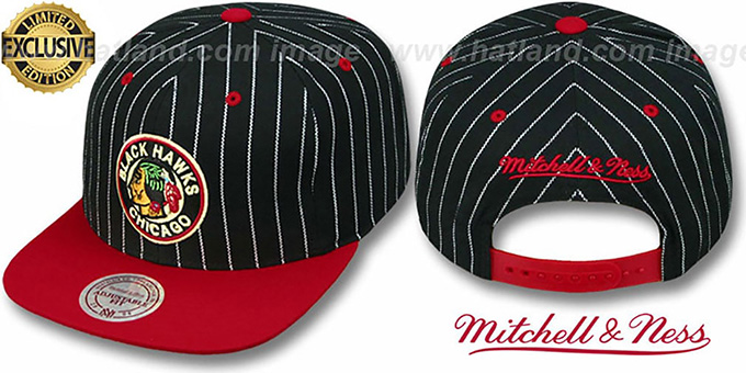 Blackhawks 'PINSTRIPE 2T TEAM-BASIC SNAPBACK' Black-Red Adjustable Hat by Mitchell and Ness