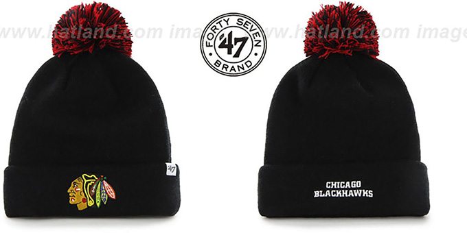 Blackhawks 'POMPOM CUFF' Black Knit Beanie Hat by Twins 47 Brand