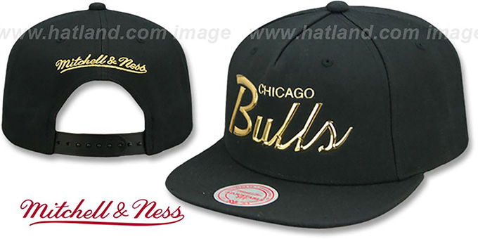 Bulls 'LIQUID METALLIC SCRIPT SNAPBACK' Black-Gold Hat by Mitchell and Ness