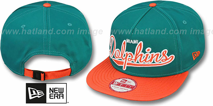 Dolphins 'BALLISTIC SCRIPT A-FRAME STRAPBACK' Aqua-Orange Hat by New Era