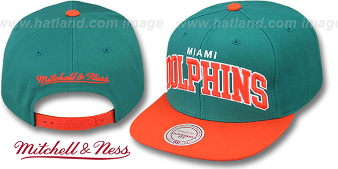 Dolphins 'BLOCK-ARCH SNAPBACK' Aqua-Orange Hat by Mitchell and Ness