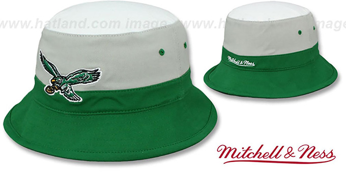 Eagles 'COLOR-BLOCK BUCKET' White-Grey-Green Hat by Mitchell and Ness
