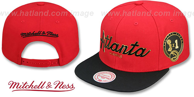 Hawks 'CITY CHAMPS SCRIPT SNAPBACK' Red-Black Hat by Mitchell and Ness