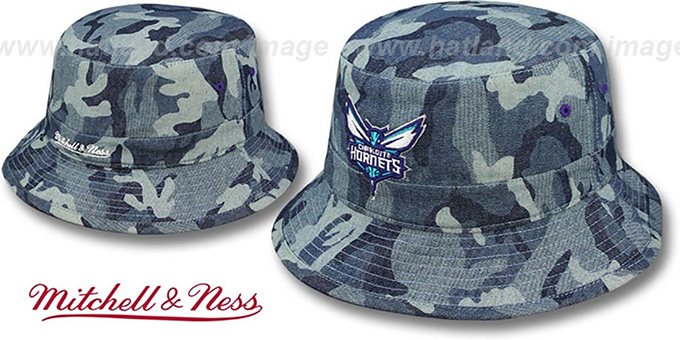 Hornets 'DENIM-CAMO BUCKET' Blue Hat by Mitchell and Ness