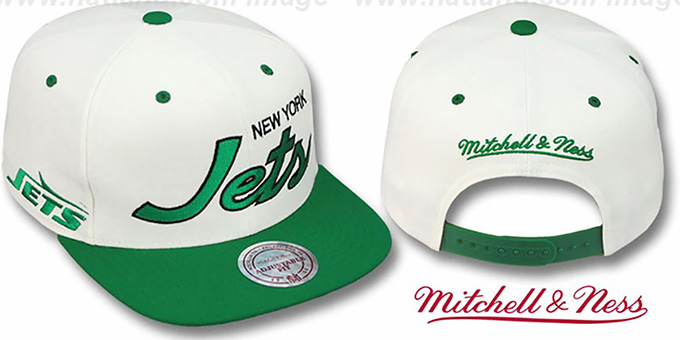 Jets '2T TEAM-SCRIPT SNAPBACK' White-Green Hat by Mitchell and Ness