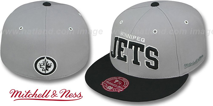 Jets '2T XL-WORDMARK' Grey-Black Fitted Hat by Mitchell and Ness