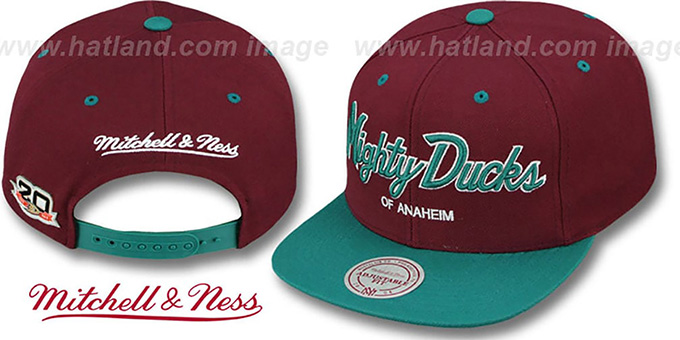 Mighty Ducks 'TEAM-SCRIPT SNAPBACK' Plum-Teal Hat by Mitchell and Ness