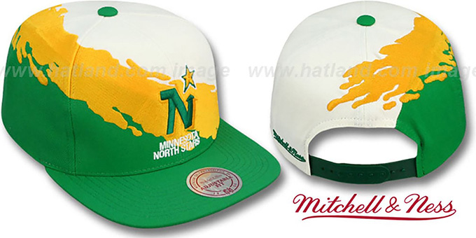 North Stars 'PAINTBRUSH SNAPBACK' White-Gold-Green Hat by Mitchell and Ness