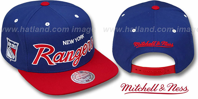 NY Rangers '2T TEAM-SCRIPT SNAPBACK' Navy-Red Hat by Mitchell and Ness