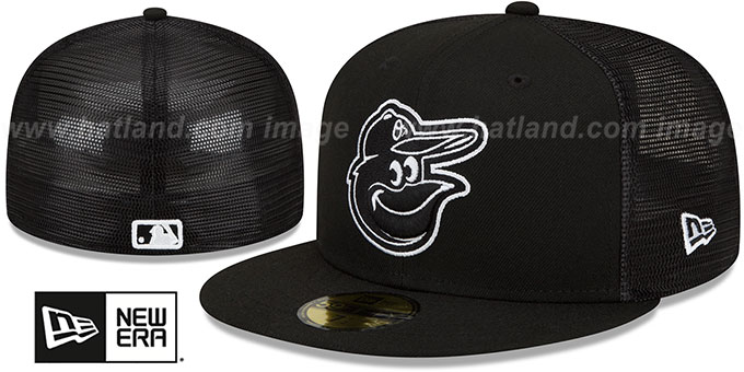 Orioles 2022-23 'BATTING PRACTICE TRUCKER' Black-White Fitted Hat by New Era