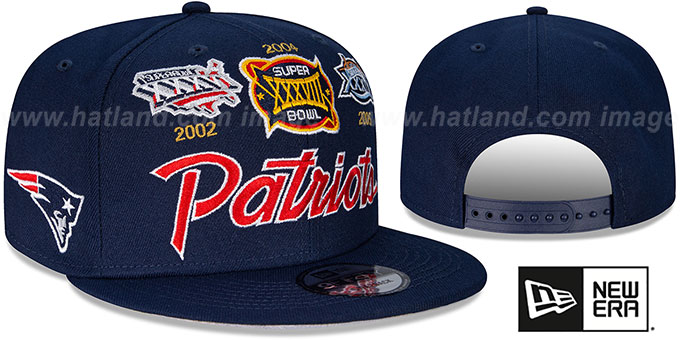 Patriots 'SUPER BOWL PATCHES SCRIPT SNAPBACK' Navy Hat by New Era