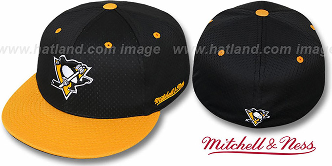 Penguins '2T BP-MESH' Black-Gold Fitted Hat by Mitchell and Ness