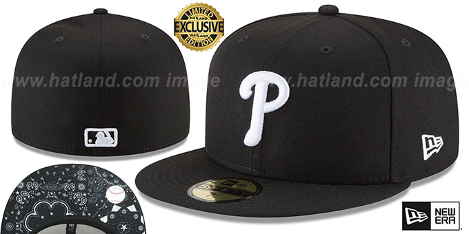 Phillies 'BLACKDANA BOTTOM' Black-White Fitted Hat by New Era