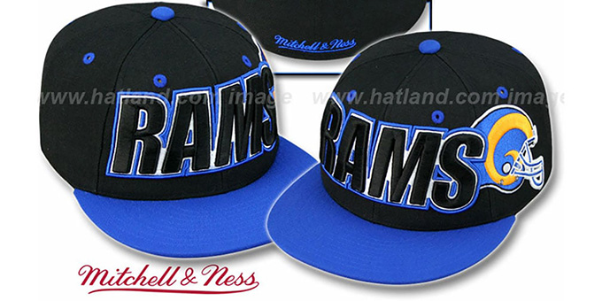 Rams '2T WORDMARK' Black-Royal Fitted Hat by Mitchell and Ness