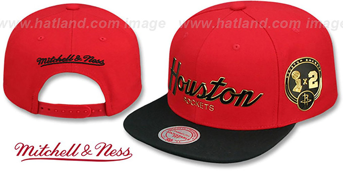 Rockets 'CITY CHAMPS SCRIPT SNAPBACK' Red-Black Hat by Mitchell and Ness