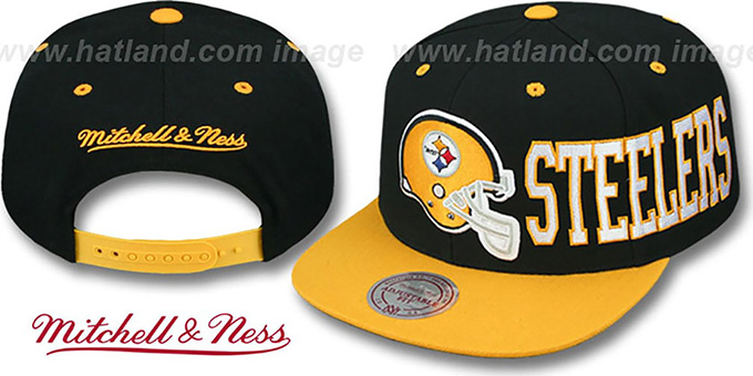 Steelers 'HELMET-WORDWRAP SNAPBACK' Black-Gold Hat by Mitchell and Ness
