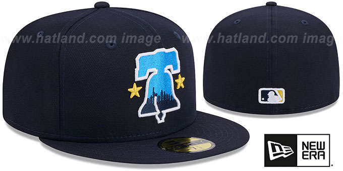 thumbnail interactive-video image 1 of Men's New Era Navy Philadelphia Phillies 2024 City Connect 59FIFTY Fitted Hat 1 of 5
